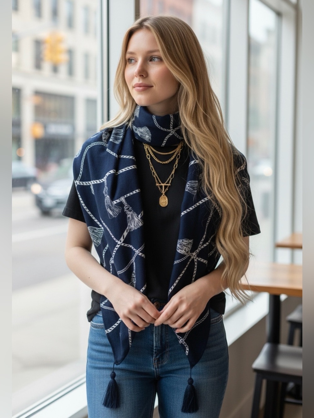 NWT-Chico's Navy and White Rope Tassel Print Scarf